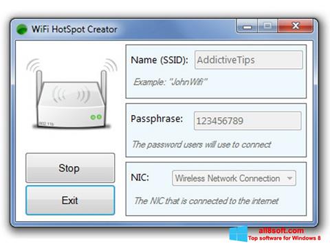 Ekrānuzņēmums Wi-Fi HotSpot Creator Windows 8