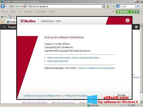 Ekrānuzņēmums McAfee SiteAdvisor Windows 8