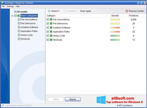 Ekrānuzņēmums Auslogics Registry Cleaner Windows 8